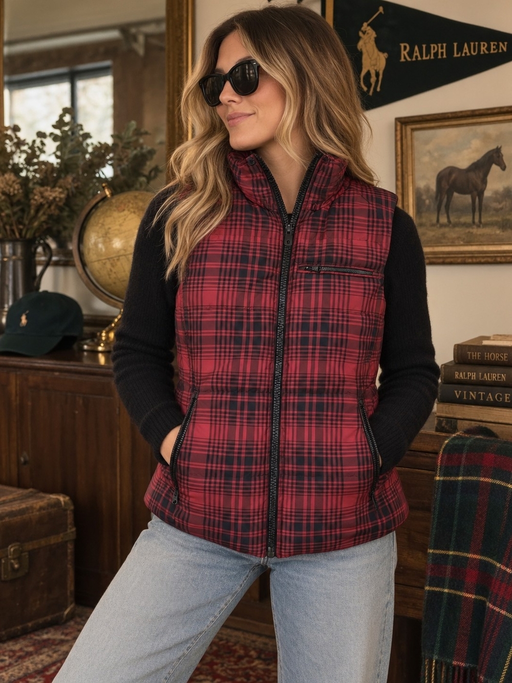 Ralph Lauren Red & Black Plaid Quilted Puffer Vest